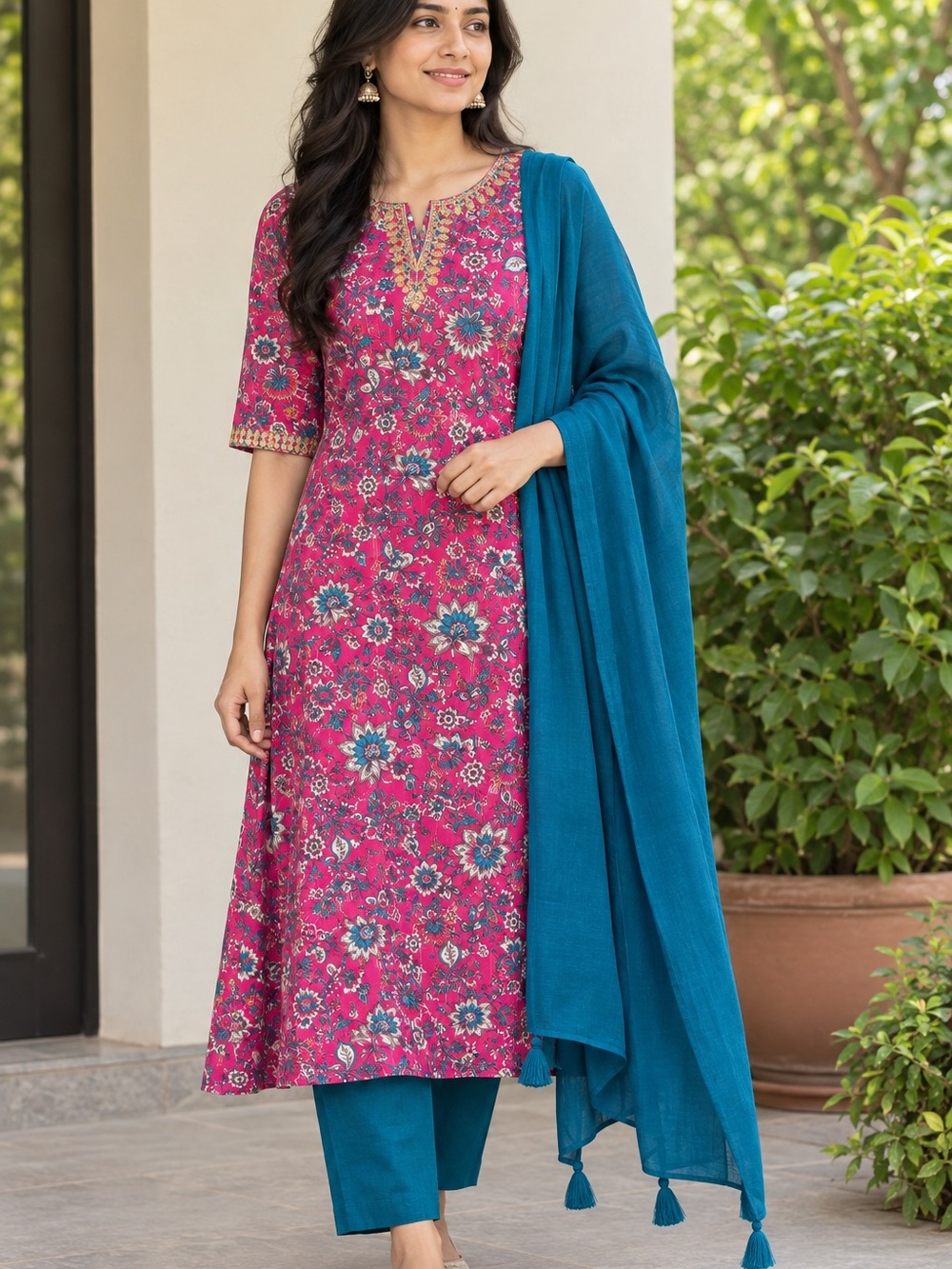 Women's Pink Floral Kurta Set with Teal Dupatta